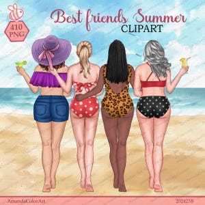 Best friends Summer, Beach girls clipart, Swimwear clipart, Sisters clipart, Beach Tropical, Customizable Besties