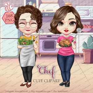 Chef clipart, Cook clipart, Cooking clipart, Woman clipart, Mother and daughter, Personalized clipart, Chibi clipart