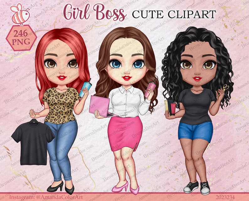 May include: Three cartoon illustrations of women with different hairstyles and outfits. The woman on the left is wearing a leopard print shirt, blue jeans, and holding a black t-shirt. The woman in the middle is wearing a white shirt, a pink skirt, and holding a laptop. The woman on the right is wearing a black shirt, blue shorts, and holding a pair of scissors. The text "Girl Boss Cute Clipart" is at the top of the image.