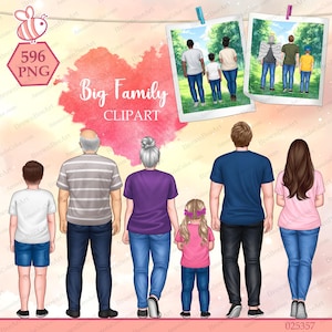 Grande famille des cliparts, Portrait de famille personnalisé, clipart vue arrière, cadeau personnalisé pour la famille, clipart père, mère clipart, fête des mères