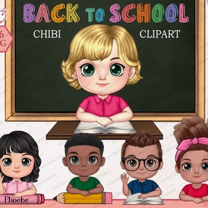 Back to School clipart, Boy Study, Girl Study, Chalkboard, Pupil, Student Graphic Png, School Children Png, Chibi clipart