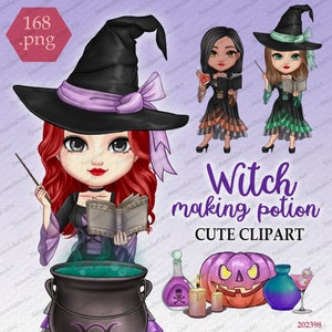 Lovely Witches Brewing Potions Clipart, Witch PNG, Halloween clipart, Best friends clipart, Witch sisters, Chibi clipart