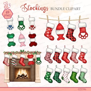 May include: A selection of Christmas stockings in diverse designs, such as paw prints, bone shapes, and classic styles. The stockings are red, green, and white, with some suspended from a washing line and others near a fireplace. The image includes the text "Stockings BUNDLE CLIPART".