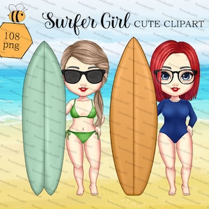 Surfer girl Clipart, Cute clipart, Summer Clipart, Beach clipart, Friend clipart, Chibi clipart, Digital download