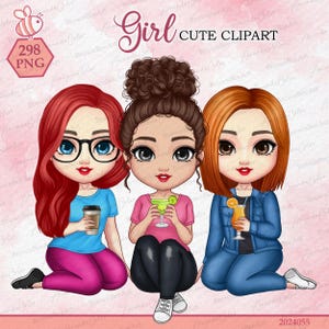 Girl doll sitting, Cute clipart, Best friend clipart, Sister clipart, bestie clipart, cocktail clipart, Bee55