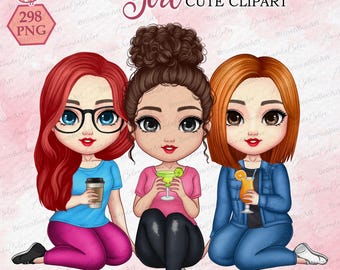 Girl doll sitting, Cute clipart, Best friend clipart, Sister clipart, bestie clipart, cocktail clipart, Bee55