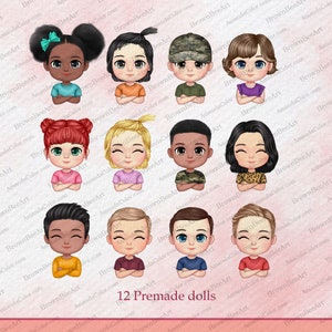 Puede incluir: Doce ilustraciones de mu&ntilde;ecas prefabricadas, cada una con un peinado, tono de piel y ropa diferentes. Las mu&ntilde;ecas tienen expresiones variadas y visten tops de diferentes colores. El texto "12 Premade dolls" est&aacute; en la parte inferior.