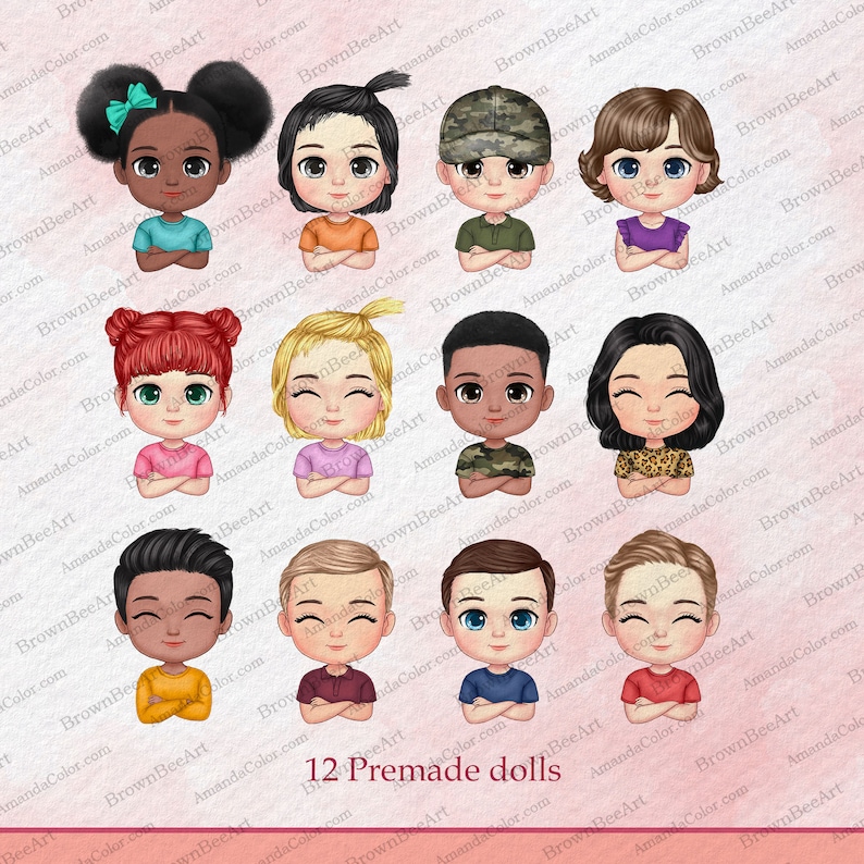 Puede incluir: Doce ilustraciones de mu&ntilde;ecas prefabricadas, cada una con un peinado, tono de piel y ropa diferentes. Las mu&ntilde;ecas tienen expresiones variadas y visten tops de diferentes colores. El texto "12 Premade dolls" est&aacute; en la parte inferior.