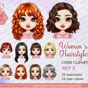 女性のヘアスタイル チビ セット 5、女の子のクリップアート、女の子のヘアスタイルのクリップアート、チビのクリップアート、カスタム女性のヘアスタイルのクリップアート