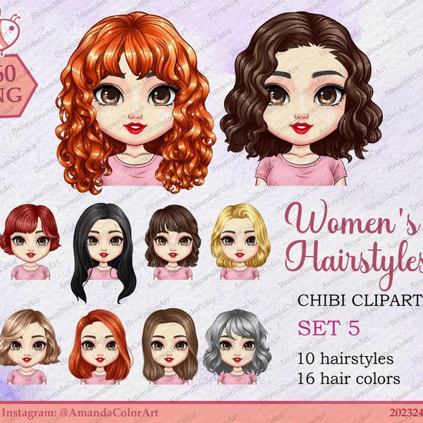 Women's Hairstyles Chibi Set 5, Girl clipart, Girl Hairstyle Clipart, Chibi clipart, Custom female hairstyles clipart