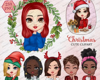 Christmas Girls Clipart, Winter Bestie Friends, Cute PNG (Digital Clipart)