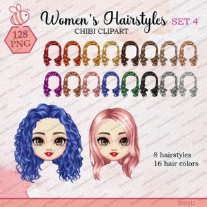 Women&#39;s Hairstyles Chibi Set 4, Woman clipart, Girl Hairstyle Clipart, Chibi clipart, Custom female hairstyles clipart