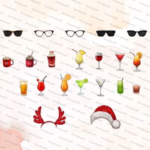 May include: A digital illustration collection featuring five pairs of eyeglasses, sixteen various beverage glasses including mugs, cocktails, and mixed drinks, a pair of red reindeer antlers, and a red and white Santa hat, all on a light background.