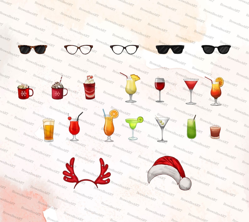 May include: A digital illustration collection featuring five pairs of eyeglasses, sixteen various beverage glasses including mugs, cocktails, and mixed drinks, a pair of red reindeer antlers, and a red and white Santa hat, all on a light background.