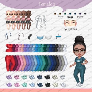 K&ouml;nnte beinhalten: Eine digitale Illustration einer weiblichen Figur mit brauner Haut, schwarzen Haaren und braunen Augen. Sie tr&auml;gt ein blaugr&uuml;nes Oberteil mit einem Stethoskop um den Hals, eine schwarze Hose und wei&szlig;e Turnschuhe. Das Bild enth&auml;lt eine Vielzahl von Kleidungs- und Accessoire-Optionen zum Anpassen des Charakters, darunter Oberteile, Hosen, Schuhe, Brillen und Masken.