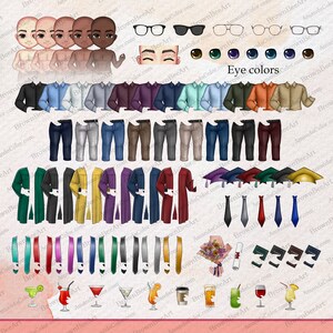 May include: A digital illustration set of graduation outfit options for a person. The set includes different skin tones, hair colors, shirts, pants, graduation gowns, caps, ties, sashes, flowers, and drinks. The text "Eye colors" is included in the image.