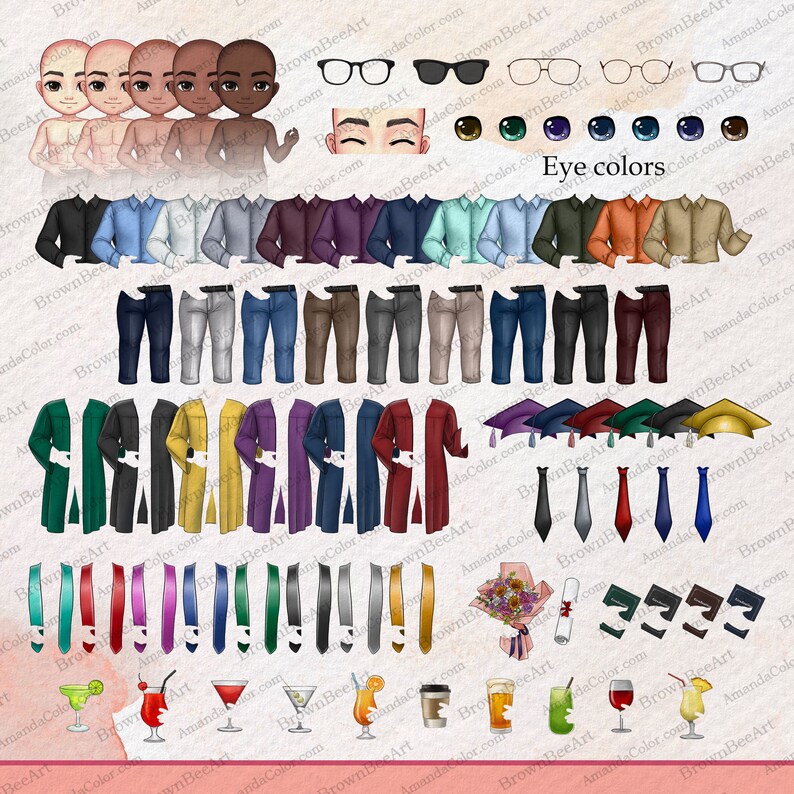 May include: A digital illustration set of graduation outfit options for a person. The set includes different skin tones, hair colors, shirts, pants, graduation gowns, caps, ties, sashes, flowers, and drinks. The text "Eye colors" is included in the image.