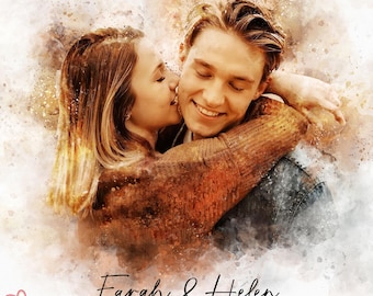 Personalized Watercolor Couple Portrait: Custom Photo Gift (Digital Download A3 Size 11x16 inches)
