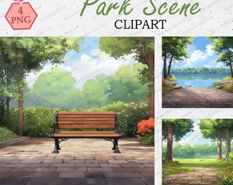 Puede incluir: Una ilustración digital de una escena de parque con un banco de madera en primer plano, un camino que conduce a un lago en el fondo y un área verde cubierta de hierba con árboles a ambos lados.