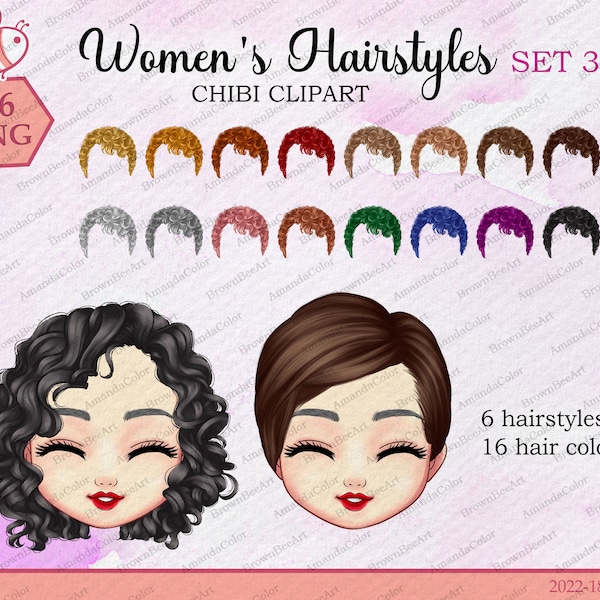 Frauen Frisuren Chibi SET 3, benutzerdefinierte weibliche Frisuren Clipart, Mädchen Frisur Clipart, Chibi Clipart, Mädchen Haar Clipart