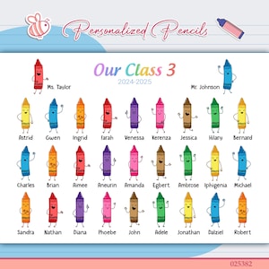 May include: A personalised pencil chart for Our Class 3, 2024-2025, with cartoon crayons and names such as Ms. Taylor and Mr. Johnson. The design includes a bee and pencil illustration.