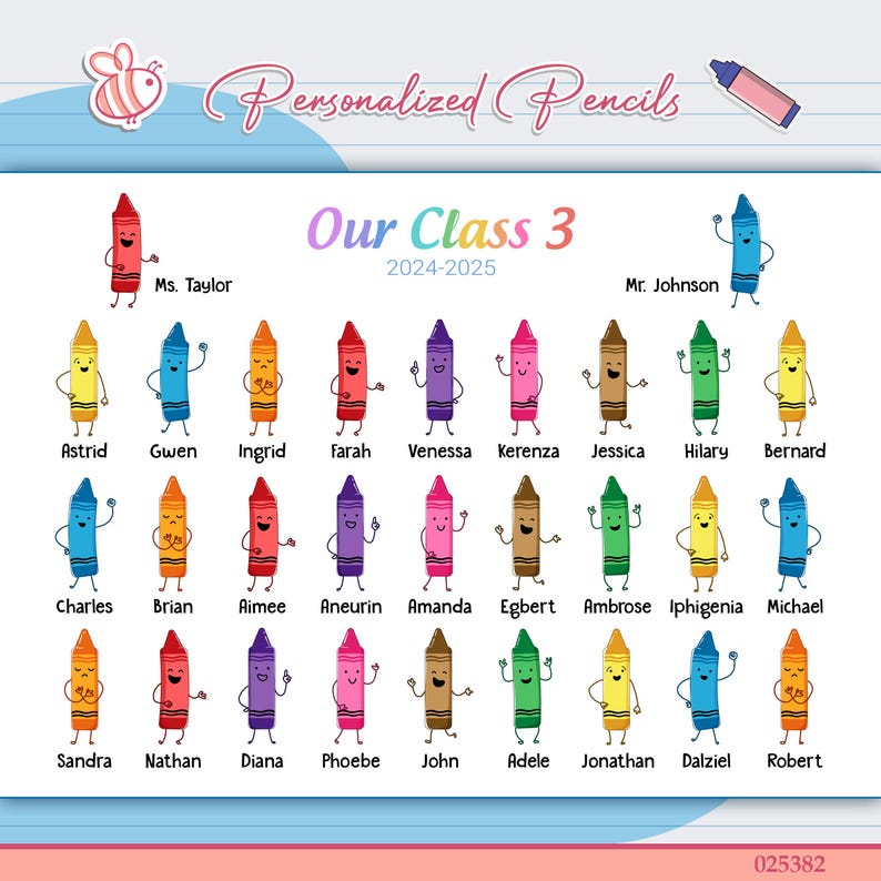 Puede incluir: Un gr&aacute;fico de l&aacute;pices personalizados para la Clase 3, 2024-2025, con crayones de dibujos animados y nombres como la Sra. Taylor y el Sr. Johnson. El dise&ntilde;o incluye una abeja y una ilustraci&oacute;n de l&aacute;piz.