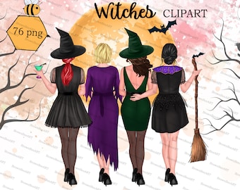 Witch Sisters Clipart: Halloween PNG Graphics (Digital Download)