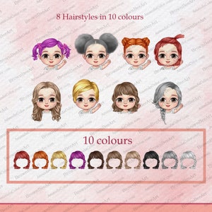 May include: A set of 10 different colored cartoon faces with 8 different hairstyles. The faces are all smiling and have large eyes. The hairstyles include pigtails, buns, braids, and wavy hair.