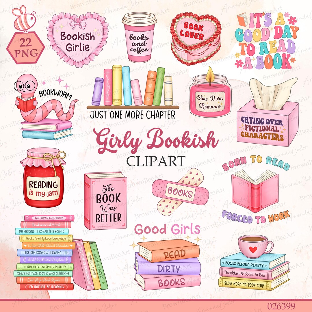 Bookish Girlie Clipart Bundle, Funny Book Lover PNG Stickers (digital ...