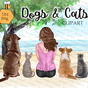 Dogs and Cats clipart, Girls Clipart, Best friends clipart, Family clipart, digital clipart, Bee54