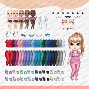 K&ouml;nnte beinhalten: Ein digitales Papierpuppen-Set mit einer weiblichen Figur mit verschiedenen Kleidungsoptionen, darunter Scrubs, Hosen, Schuhe und Accessoires. Die Figur hat blonde Haare und blaue Augen. Das Set umfasst eine Vielzahl von Farben und Stilen.