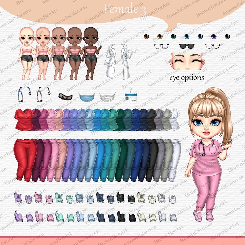 K&ouml;nnte beinhalten: Ein digitales Papierpuppen-Set mit einer weiblichen Figur mit verschiedenen Kleidungsoptionen, darunter Scrubs, Hosen, Schuhe und Accessoires. Die Figur hat blonde Haare und blaue Augen. Das Set umfasst eine Vielzahl von Farben und Stilen.
