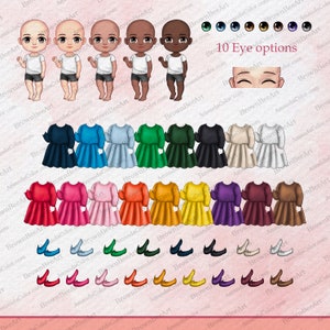 May include: A digital illustration of a customizable character with various clothing and eye options. The character has a white shirt, black shorts, and a variety of dress options in different colors. The character also has 10 different eye color options. The image includes the text "10 Eye options".