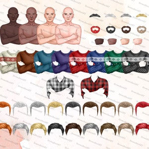 May include: A digital illustration set featuring four male figures with varying skin tones, multiple sweater options in solid and patterned designs, two plaid shirts, various mustache styles, and a wide selection of hairstyles in different colors.