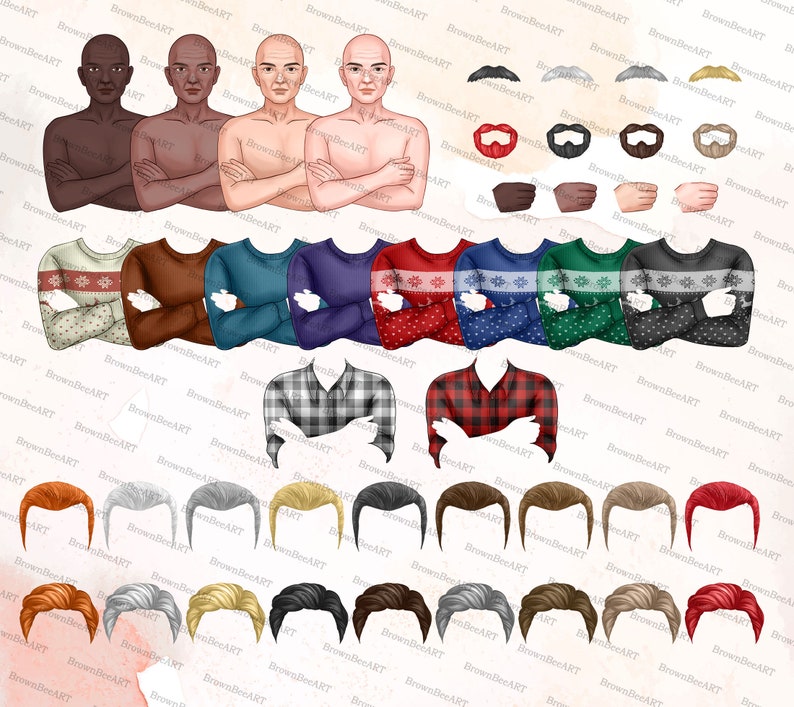 May include: A digital illustration set featuring four male figures with varying skin tones, multiple sweater options in solid and patterned designs, two plaid shirts, various mustache styles, and a wide selection of hairstyles in different colors.