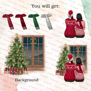 May include: A digital illustration of two people wearing red and pink sweaters, standing in front of a window with a Christmas wreath. The window is decorated with a snowy landscape and stars. There are two Christmas trees with presents underneath them. The text "You will get:" is at the top of the image. The text "Background" is at the bottom of the image.