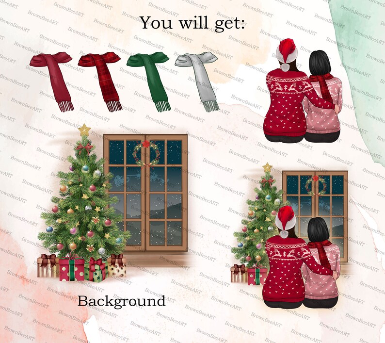 May include: A digital illustration of two people wearing red and pink sweaters, standing in front of a window with a Christmas wreath. The window is decorated with a snowy landscape and stars. There are two Christmas trees with presents underneath them. The text "You will get:" is at the top of the image. The text "Background" is at the bottom of the image.