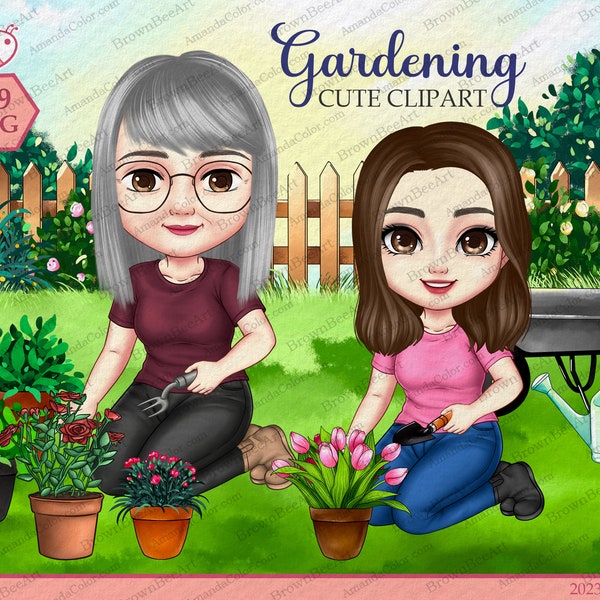 Gardening clipart, Garden png, Garden life, Flowers, Woman clipart, Mother and daughter, Personalized clipart, Chibi clipart