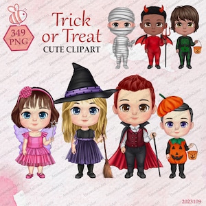 Dzieci w uroczych kostiumach na Halloween Clipart, Cukierek albo psikus, Halloween Clipart, Dzieci Clipart, Wiedźma, Wróżka, Chibi Clipart