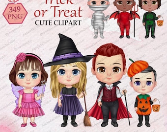 Kids in Cute Halloween Costumes Clipart, Trick or treat, Halloween Clipart, Children Clipart,  Witch, Fairy, Chibi clipart