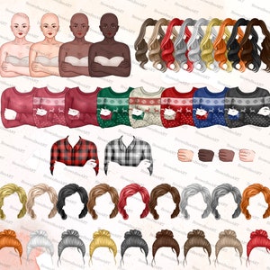 May include: A digital illustration set featuring four bald figures with varying skin tones, multiple long wavy hair options, short hairstyles, hair buns, and various sweaters including holiday patterns and plaid shirts, all with a watermark.