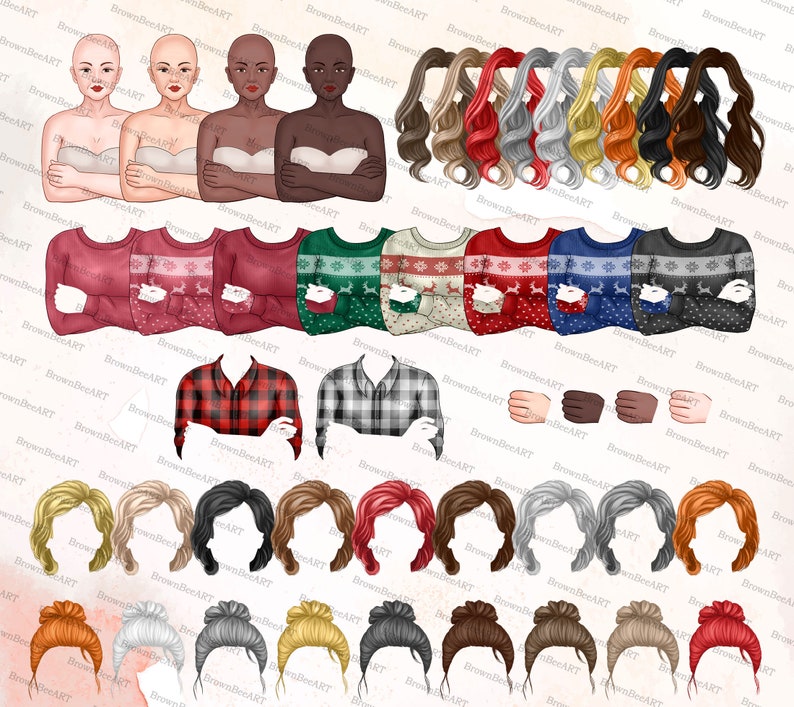 May include: A digital illustration set featuring four bald figures with varying skin tones, multiple long wavy hair options, short hairstyles, hair buns, and various sweaters including holiday patterns and plaid shirts, all with a watermark.