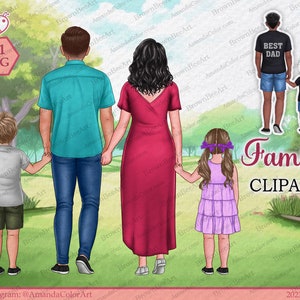 Familie Clipart, Mama Papa Kinder Tochter Sohn, Rückansicht Clipart, Benutzerdefinierte Familien Porträt, Vater Clipart, Mutter Clipart