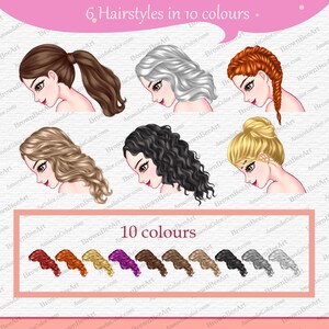 Op de afbeelding: Zes verschillende kapsels in tien kleuren. De kapsels omvatten een ​​paardenstaart, een vlecht, een knot en drie verschillende krullende stijlen. De kleuren omvatten bruin, blond, zwart, rood, paars, oranje, grijs en wit.