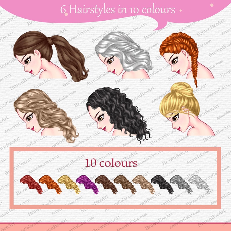 Op de afbeelding: Zes verschillende kapsels in tien kleuren. De kapsels omvatten een ​​paardenstaart, een vlecht, een knot en drie verschillende krullende stijlen. De kleuren omvatten bruin, blond, zwart, rood, paars, oranje, grijs en wit.