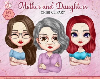 Mother & Daughters Chibi Clipart: Family PNG Images (Digital Download)