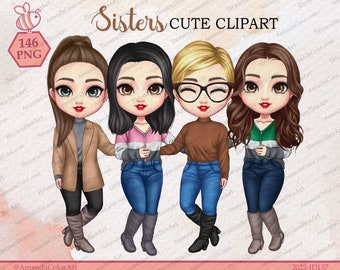 Cute clipart, Autumn Girl, Winter Girl, Customizable soul sisters clip art, Best friends clipart, Personalized clipart, Bestie clipart