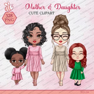 May include: A digital illustration of three women with brown hair. The women are wearing dresses and smiling. The text "Mother & Daughter CUTE CLIPART" is at the top of the image.