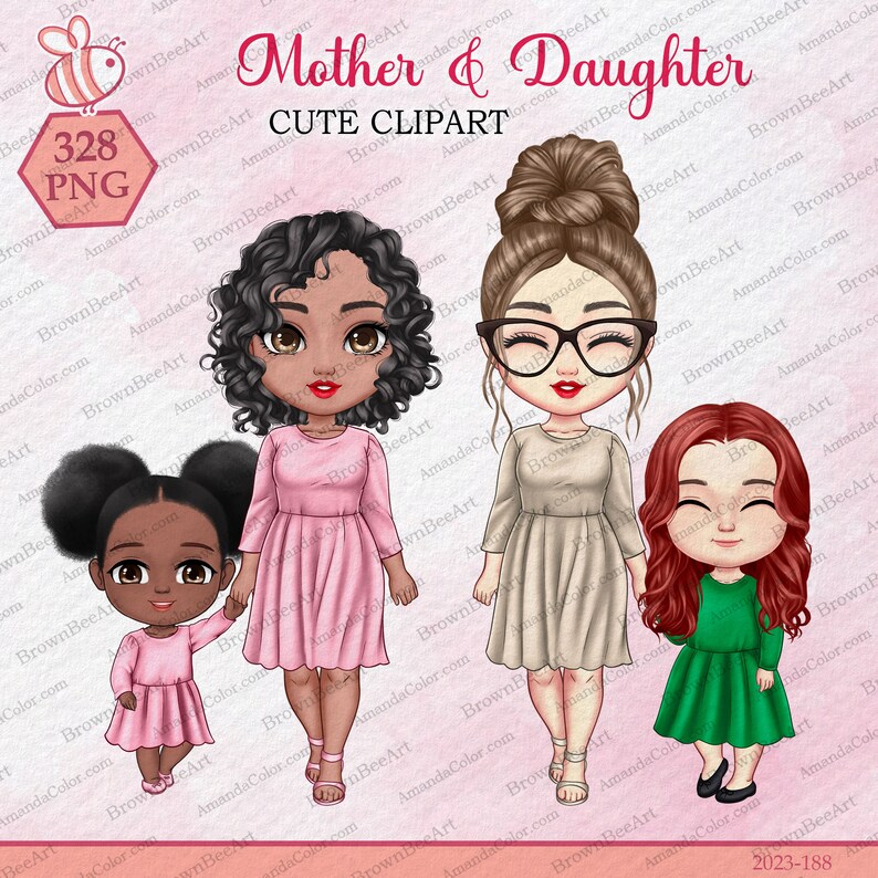May include: A digital illustration of three women with brown hair. The women are wearing dresses and smiling. The text "Mother & Daughter CUTE CLIPART" is at the top of the image.