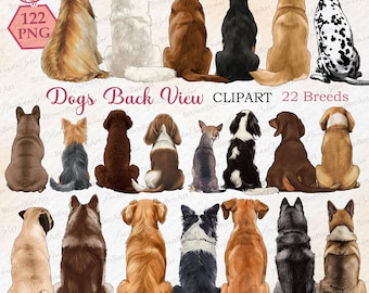 May include: A digital clipart set of 22 different dog breeds, all facing away from the viewer. The dogs are illustrated in a watercolor style with a variety of colors and patterns.